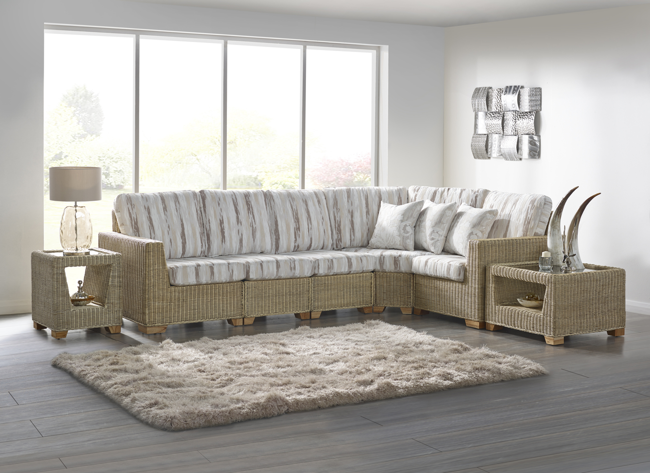 white cushioned cane sofa furniture with corner suite